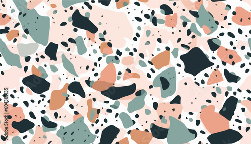 Terrazzo flooring seamless pattern collection in traditional gray, white, black marble rocks. Colorful interior granite material background bundle of mosaic stone
