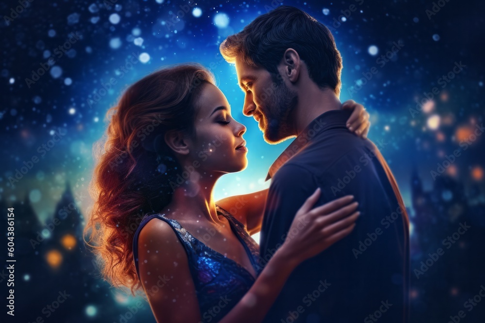 Couple in love hugging and kissing in front of night city background. Couple in love hugging and kissing in front of night city background.