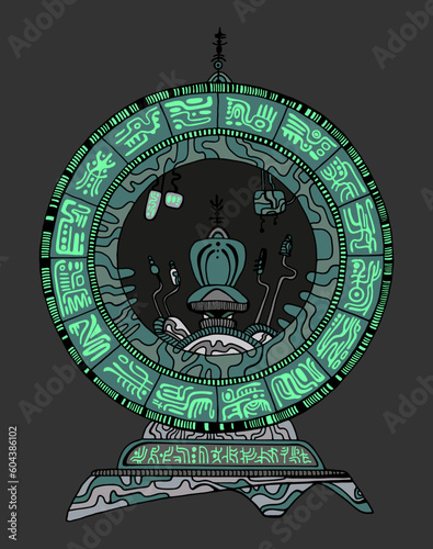 Fantastic colorful time travel machine pattern. Decorative sci fi time machine future cyberpunk style. Bright neon color, isolated on dark background.