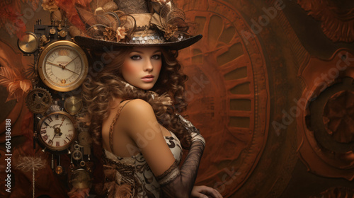 A steampunk model, adorned in intricate and ornate attire, with gears, clockwork accessories, and Victorian-inspired fashion made with Generative AI