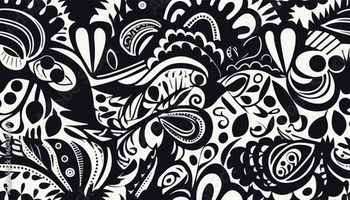 Ukrainian style ornament. Hand drawn black and white abstract organic shapes pattern