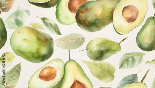 Watercolo illustration of avocado fruit seamless pattern. Whole fruit and half diagonally