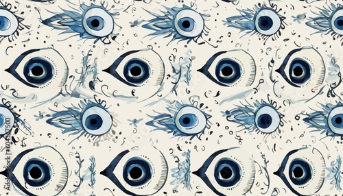 Watercolor greek evil eye pattern on a really light cream background. Different shapes. Flat design. Free hand drawing style. Contemporary modern trendy vector illustrations