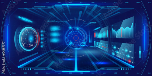 Car tech. Futuristic HUD game screen. Military dashboard and interface technology. Digital space. Speedometer and infographic panels. Automobile viewfinder. Vector cyberpunk background