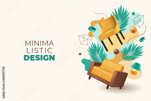 3D furniture. Interior design. Realistic home elegant soft sofa and armchair. Comfortable chair for living room. Light mockup for fashion art sale. Minimalist furnishing vector banner
