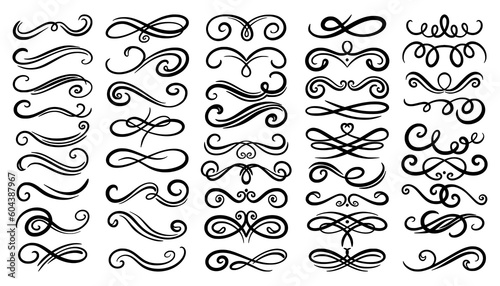 Swirl border set, ornament design collection. Filigree line flourish for calligraphy or ornate logo, medieval baroque isolated elements, elegant frames. Cards or posters vector retro decor