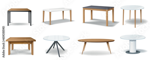 3D tables. Kitchen stand furniture. Desk with platform and legs. Office plastic stage. Dining wooden tabletop. Isolated objects for showroom. Vector realistic furnishing elements set
