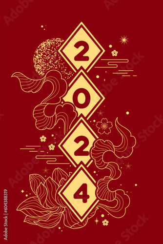 Happy chinese new year 2024 symbols with flower, lotus, moon and gold asian elements on red color background. Year of the dragon banner