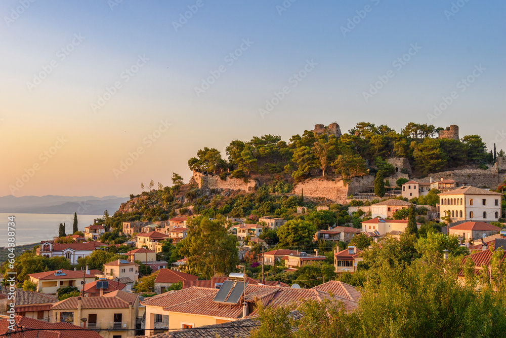 Sunset view over the picturesque coastal town of Kyparissia located in northwestern Messenia, Trifylia, Peloponnese, Greece.