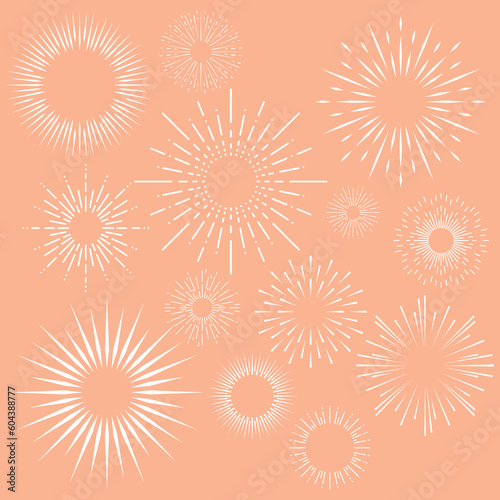 Firework set. White line circles decorative radial frames for posters banners and cards decor, isolated starburst elements collection. Explosion or light flash, stars icons, vector illustration