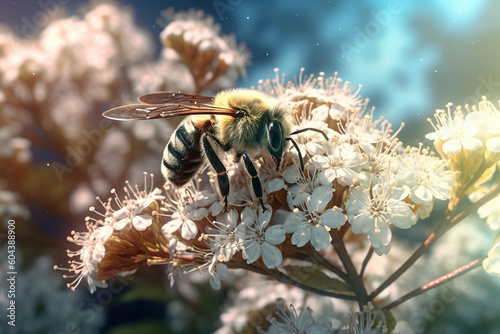 Close up of Honey Bee on White Flower Blossoms. Generative ai © Anna Hoychuk