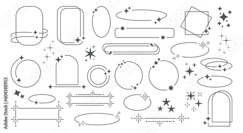 Aesthetic frame elements. Y2k stars and lines, minimal geometric cute design, minimalist ovals and arch, retro sparkle figures. Decorative abstract, shapes for posters. Vector boho graphic