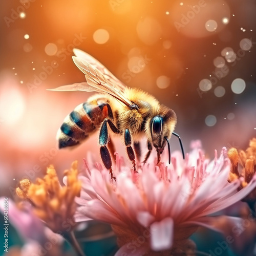 Close up of Honey Bee on Pink Flower. Generative ai