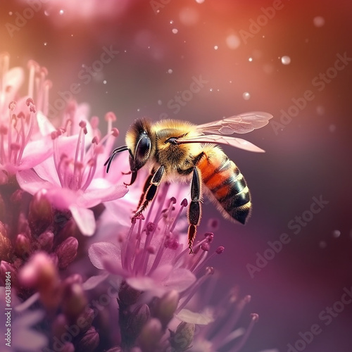 Close up of Honey Bee on Pink Flower. Generative ai © Anna Hoychuk