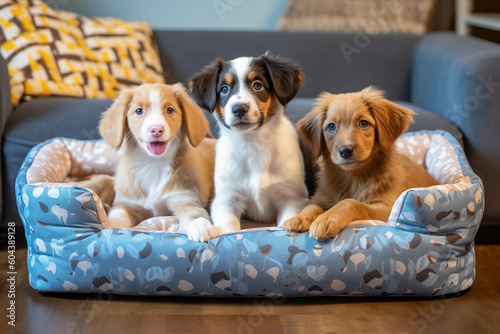 Group of Adorable Puppies Sitting on Large Dog Bed. generative ai