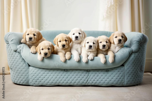 Group of Adorable Puppies Sitting on Large Dog Bed. generative ai