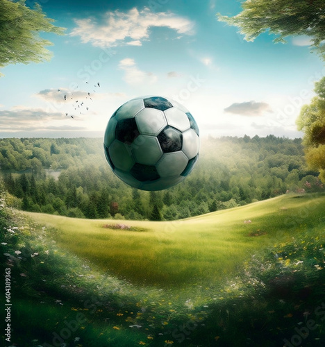soccer ball against the sky and grass in flight