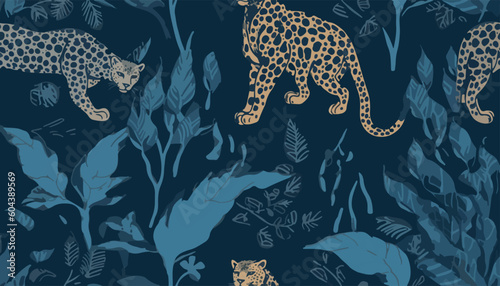 Hand drawn artistic dark blue tones pattern with leopards. Abstract collage contemporary seamless pattern. Fashionable template for design