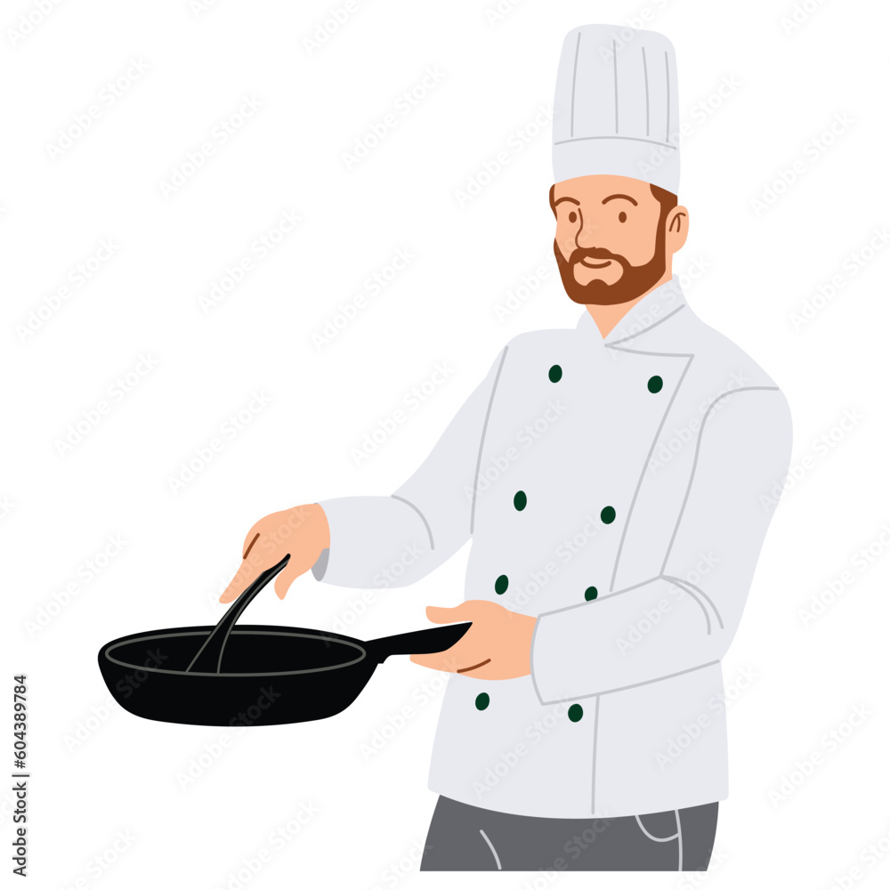 A cartoon illustration of a male chef wearing a white uniform and wearing a hat. Standing smiling happily and frying food in a pan. A cartoon illustration of a male chef wearing a white uniform and wearing a hat. Standing smiling happily and frying food in a pan.