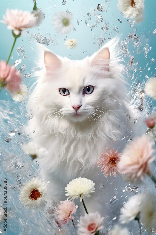 Beautiful White Cat on Floral Background. Generative ai