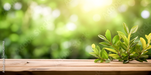  copy space on a wooden table with green leaves around and a green nature bokeh in the background