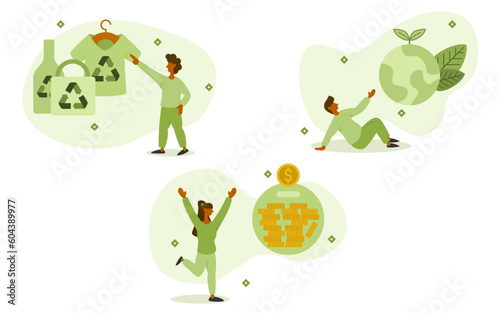 environment product illustration set. characters turned to recycled products. make more money to save and help reduce pollution on global. reduce pollution concept. vector illustration.