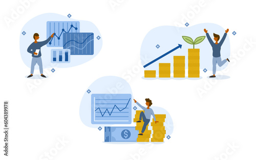 stock investment illustration set. characters analyze stock market. invested stocks have a higher value and investments continue to grow. investment growth concept. vector illustration.