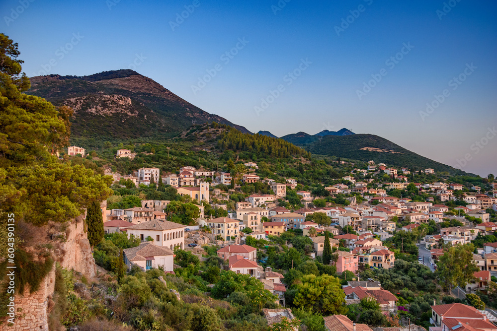 Beautiful sunset view by the historical castle of Kyparissia coastal town at sunset. Located in northwestern Messenia, Peloponnese, Greece, Europe. Beautiful sunset view by the historical castle of Kyparissia coastal town at sunset. Located in northwestern Messenia, Peloponnese, Greece, Europe.