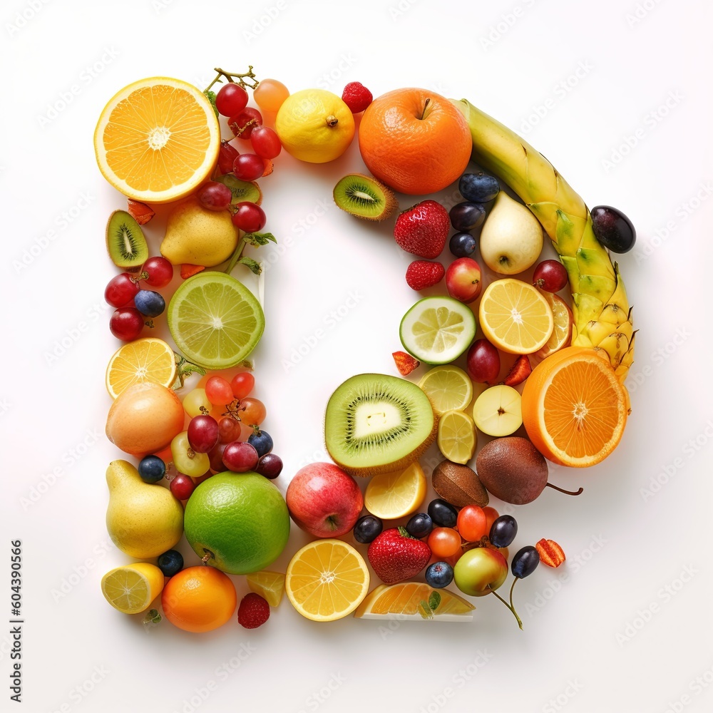 fruit, letter, alphabet, xyz, food, apple, orange, fruits, grape, fresh, healthy, grapes, isolated, banana, pineapple, kiwi, red, diet, white, green, ripe, vegetable, pear, lemon, generative ai