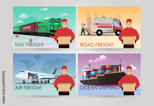 Ocean shipping global logistic, cargo container, sea freight shipping vector illustration, freight train and container railcars, Courier and delivery truck, Delivery global logistics with air cargo