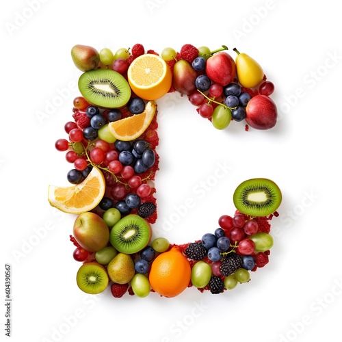 fruit, letter, alphabet, xyz, food, apple, orange, fruits, grape, fresh, healthy, grapes, isolated, banana, pineapple, kiwi, red, diet, white, green, ripe, vegetable, pear, lemon, generative ai