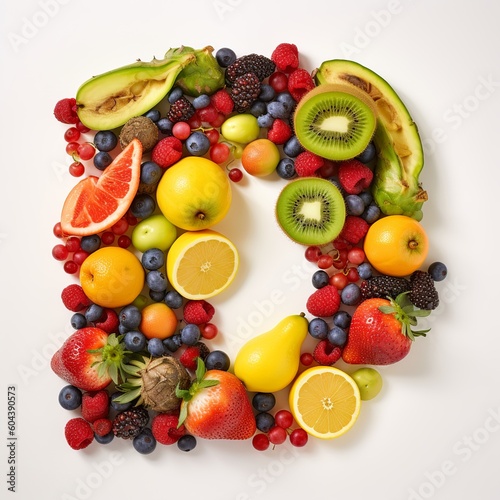 fruit, letter, alphabet, xyz, food, apple, orange, fruits, grape, fresh, healthy, grapes, isolated, banana, pineapple, kiwi, red, diet, white, green, ripe, vegetable, pear, lemon, generative ai