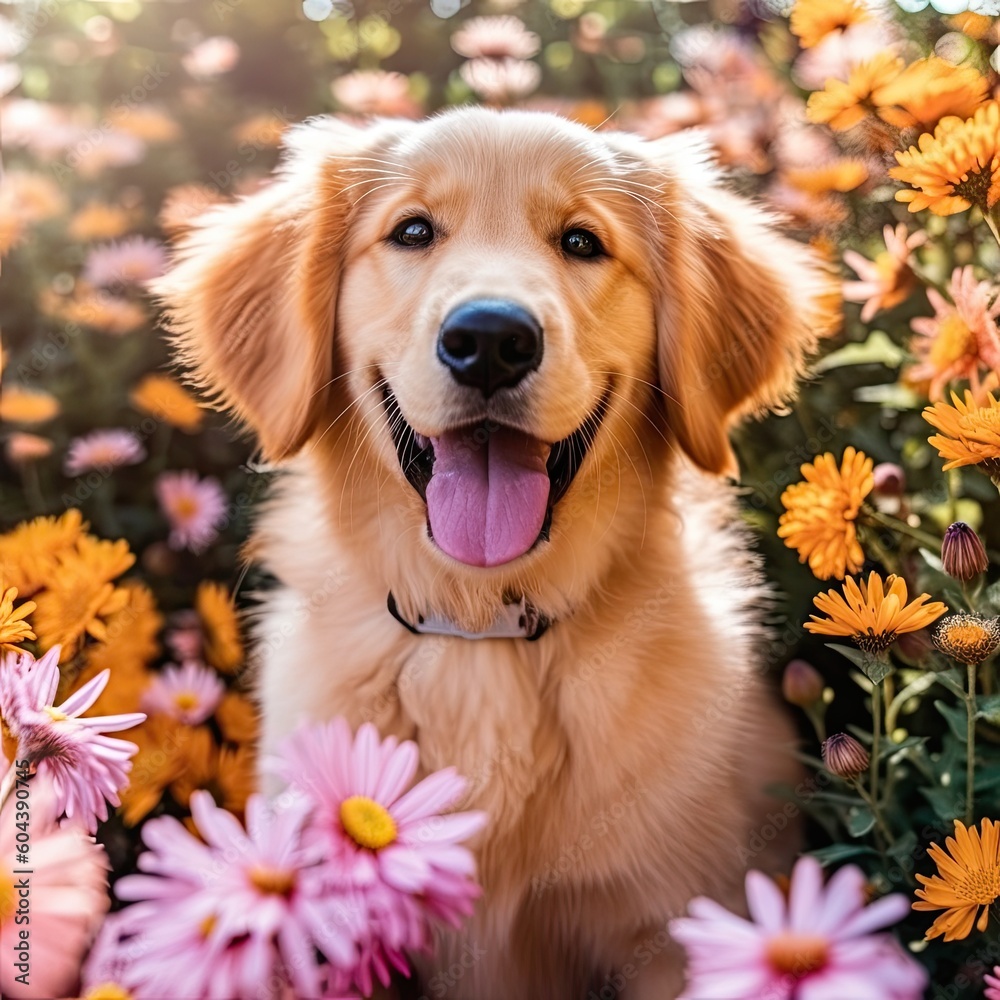 Dog standing among among the flowers in spring,AI generated.