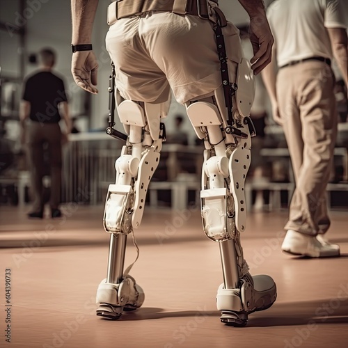 Close up on man walking with help of an exoskeleton at the hospital, Assistant robotic legs concepts,AI generated.