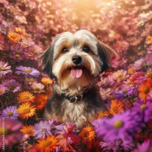 Little dog looks cute among the flowers,AI generated.