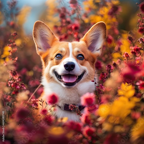 Portrait of cute dog among the flowers AI generated.