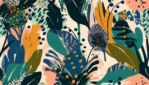 Modern abstract exotic plants pattern. Collage contemporary seamless pattern. Hand drawn ethnic style pattern