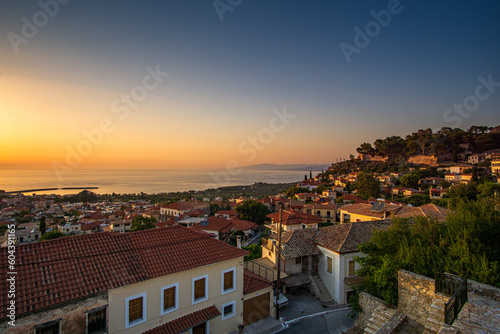 Beautiful sunset view by the historical castle of Kyparissia coastal town at sunset. Located in northwestern Messenia, Peloponnese, Greece, Europe. © panosk18