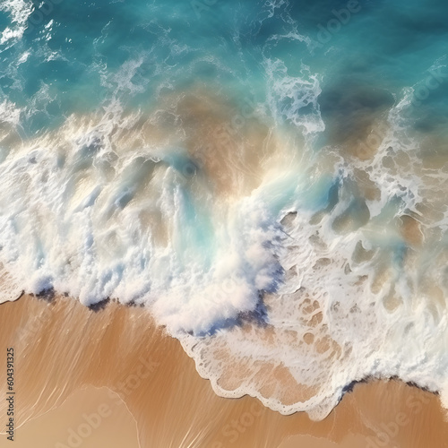 Ocean waves on the beach as a background. Beautiful natural summer vacation background holiday. Aerial top down view of beach and sea with blue water © sixis