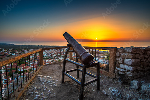 Beautiful sunset view from the historical castle of Kyparissia coastal town at sunset. Located in northwestern Messenia, Peloponnese, Greece, Europe.