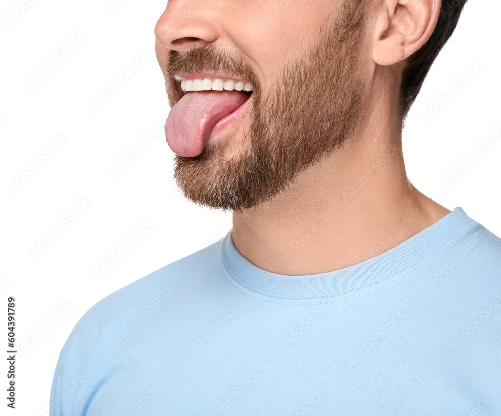 Man showing his tongue on white background, closeup Man showing his tongue on white background, closeup