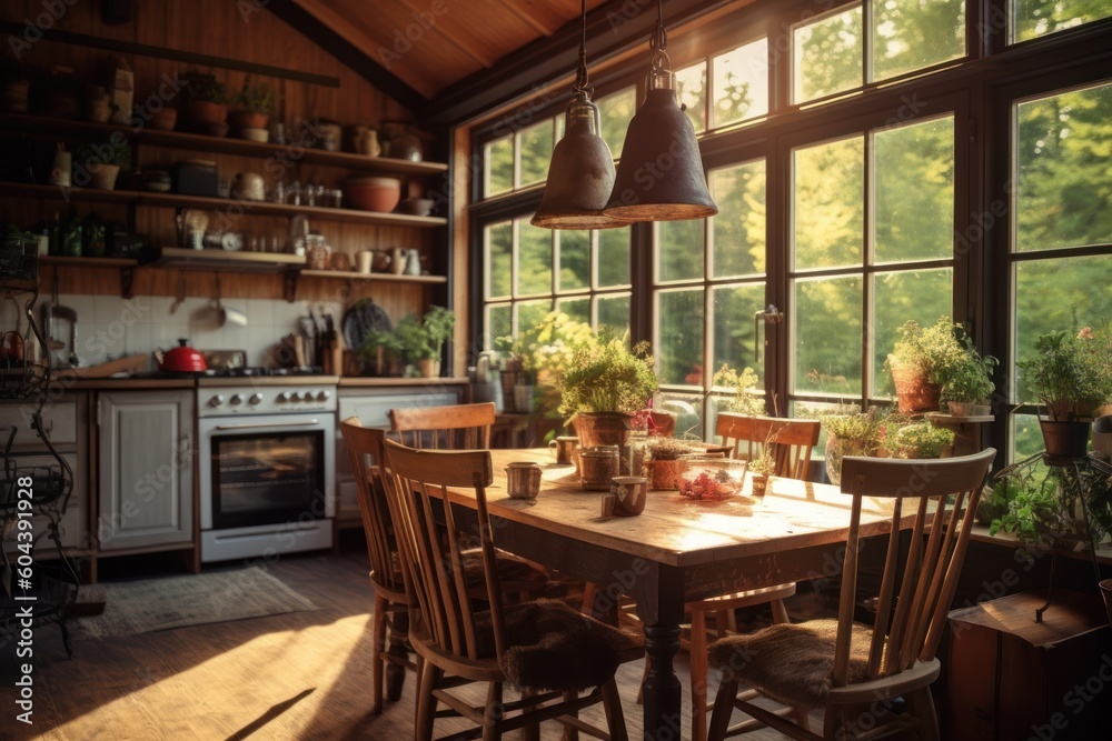 extreme close hygge kitchen and dining table with  natural light