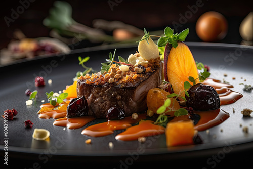 vibrant colorful gourmet meat meal with fruit, garnish vegetable, fresh, flavorful ingredients, delicious, beautiful presentation