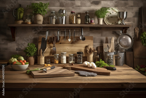 kitchen with cutting board and knives  herbs  spices  freshness  nutritious and flavorful ingredients  food preparation  chef  cook  