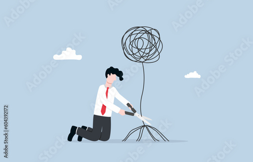 Problem solving at the root cause, delving deeper into the issue, addressing underlying cause to apply right solution concept, Businessman exterminating messy line tree by cutting down on root. 