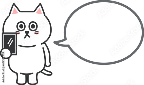 White cartoon cat talking about something while using a mobile phone. Vector illustration.