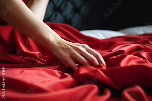 Female hand on soft white bed pulling red sheets on bedroom hotel. Pleasure, erotic, ecstasy, orgasm, sex, intimacy and love and concept. Generative AI.