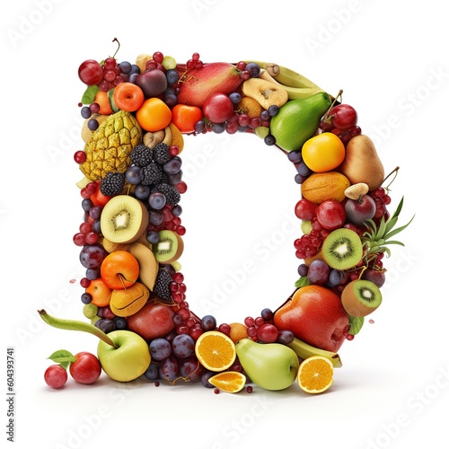 letter, alphabet, fruit, food, apple, orange, fresh, isolated, healthy, grape, banana, fruits, grapes, pineapple, diet, green, kiwi, white, ripe, red, pear, strawberry, vegetable, generative ai