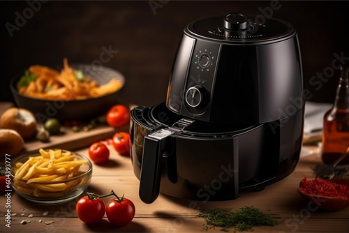 Black air fryer with tasty fries product photography. Ai generated