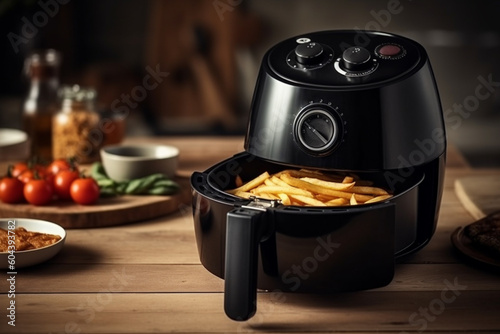 Black air fryer with tasty fries product photography. Ai generated